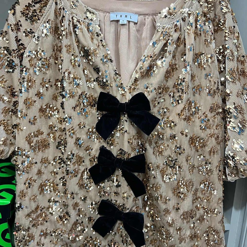 THML Women's Sequin Bow Blouse - Gold and Black